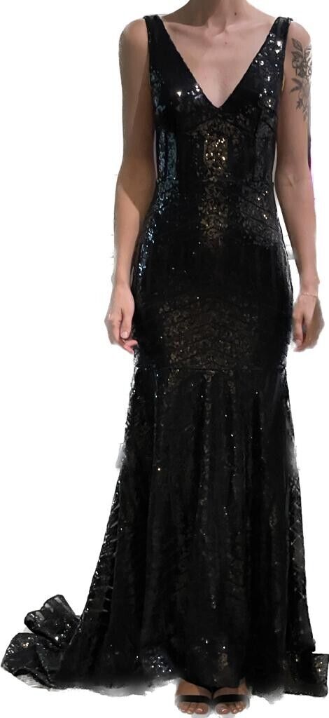 Vnaix Womens 2 Sequin V Neck Sleeveless Ball Gown Black Dress Wedding Train
