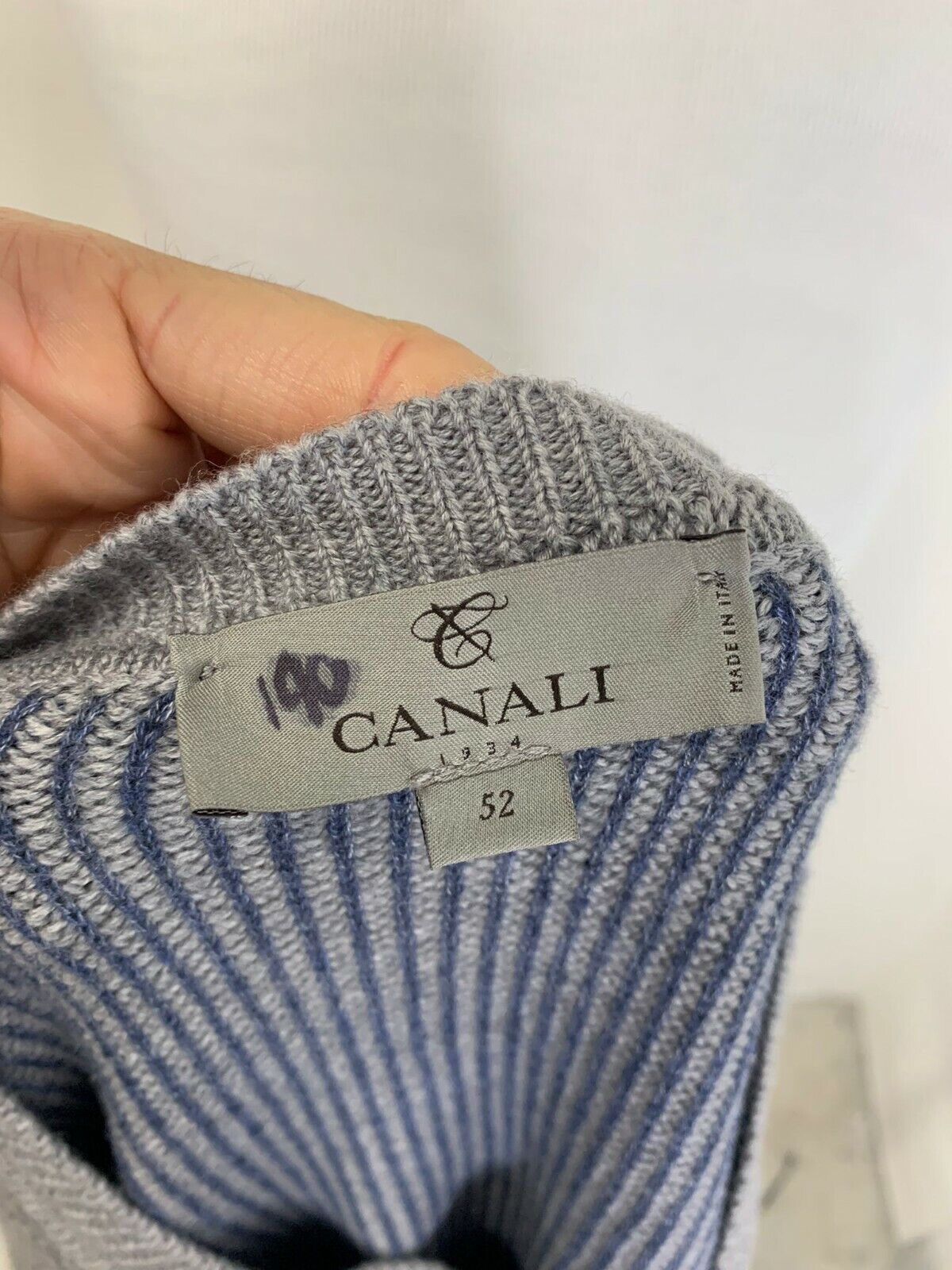 Canali Mens 58 Gray Navy Ribbed Merino Wool and Cotton Crewneck Sweater Italy