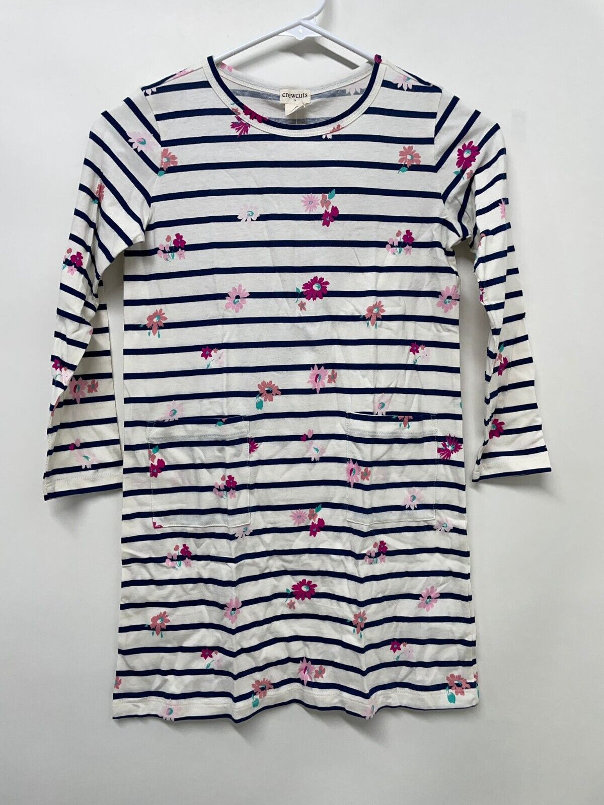 J CrewCuts Girls 7 Floral Pocket T Shirt Dress White Navy Stripe Kids BJ763