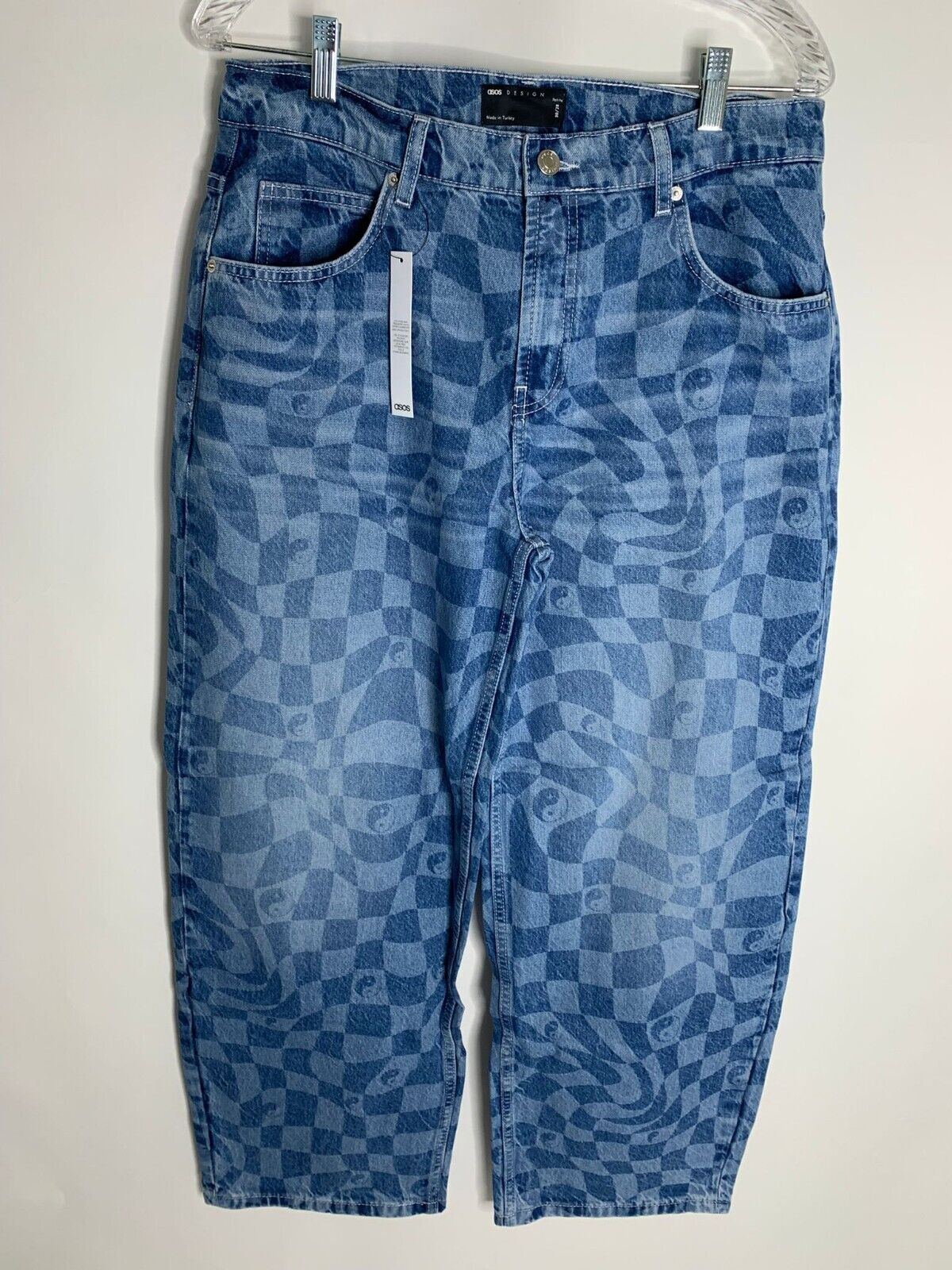 ASOS Design Women 30 Petite Oversize Skater Jean Psychedlic Laser Print 90s Blue