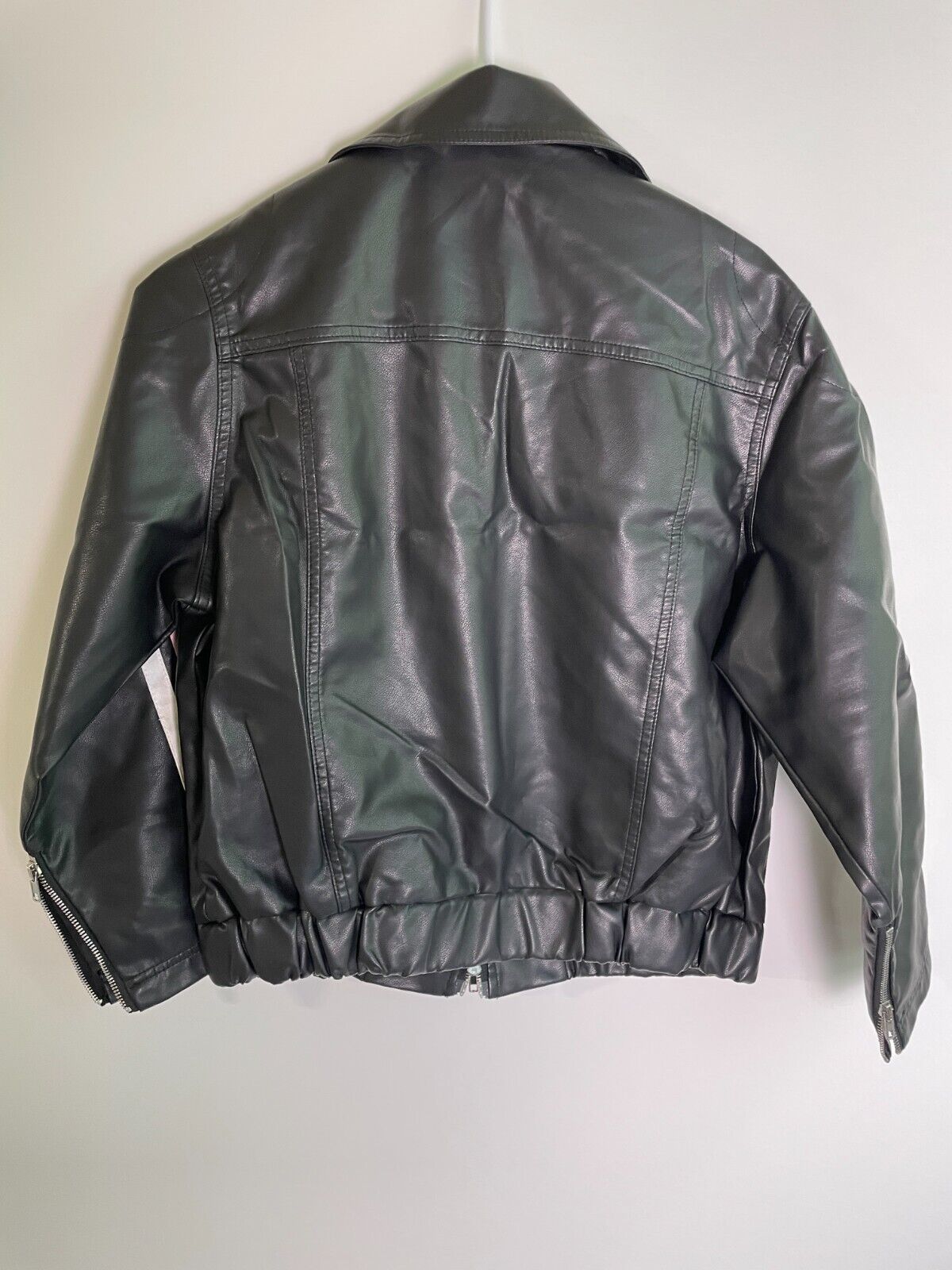 Women's S Pink Bow Faux Leather Full Zip Bomber Jacket Black Oversized Kawaii