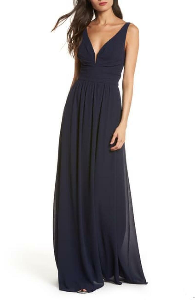 Lulus Womens S Navy Blue V-Neck Chiffon Gown Maxi Dress Bridal Leading Role