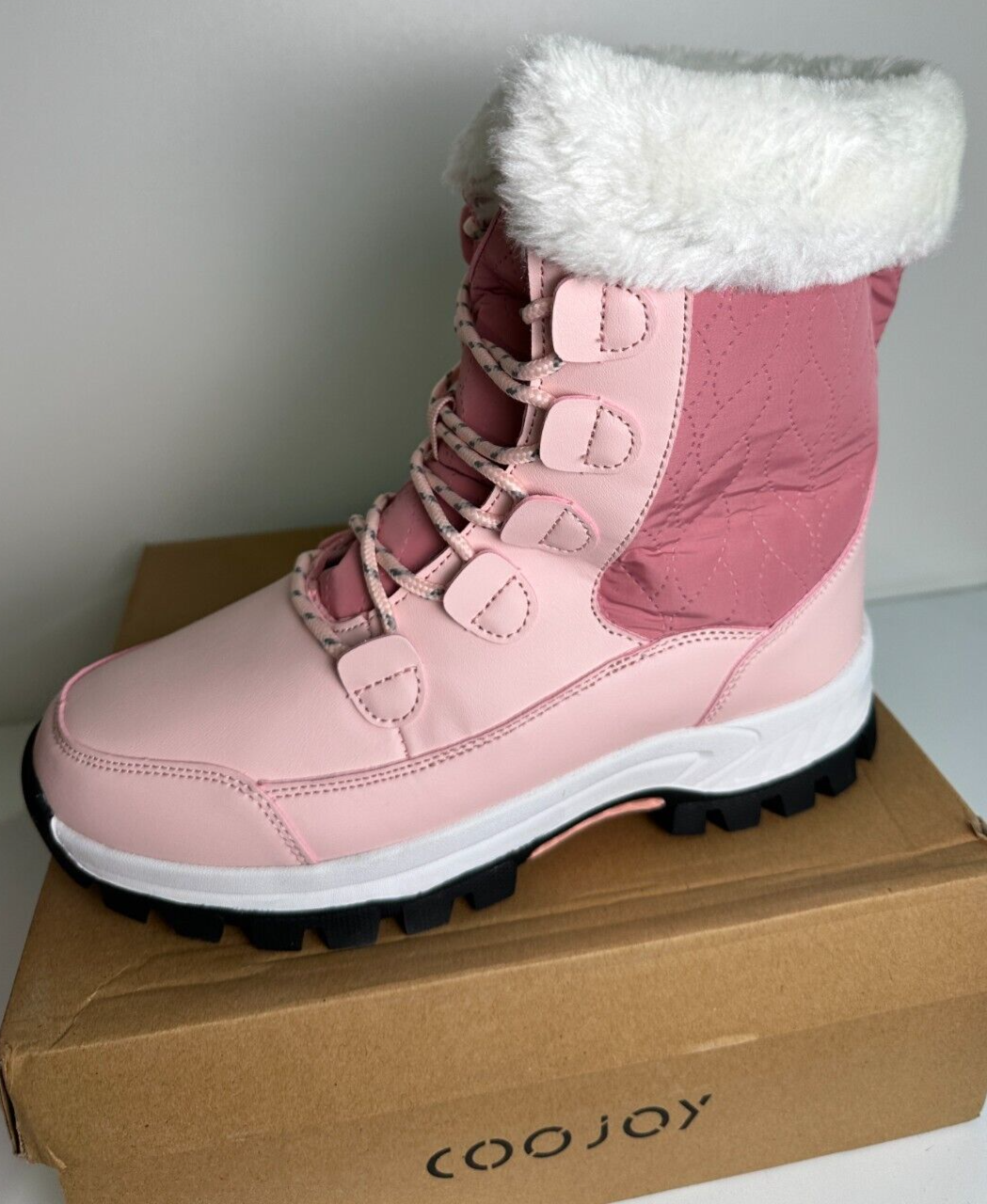 COOJOY Women's 8 EU 40 Winter Snow Boots Waterproof Mid Calf Furry Frosty Pink