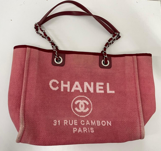 Chanel Womens Pink Red Deauville Tote Shoulder Hand Bag Purse Canvas 2017