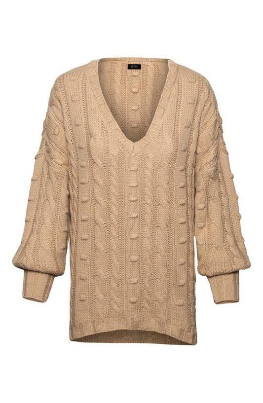 AFRM Womens M/L Sand Tan Boston Oversized Chunky Long Cable Knit V-Neck Sweater