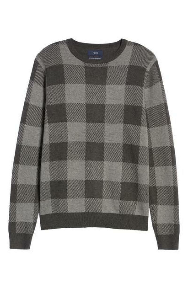 1901 Mens XL Buffalo Check Plaid Grey Heather Crewneck Cotton Cashmere Sweater