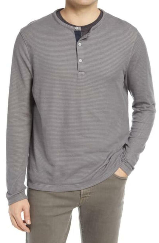 1901 Mens L Stripe Long Sleeve Henley T Shirt Sweater Grey Shade White Texture