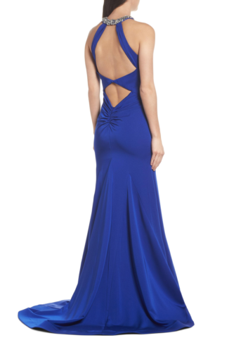 Mac Duggal Womens 8 6 Cobalt Blue High Neck Gown Embellished Jewel Mermaid Slit