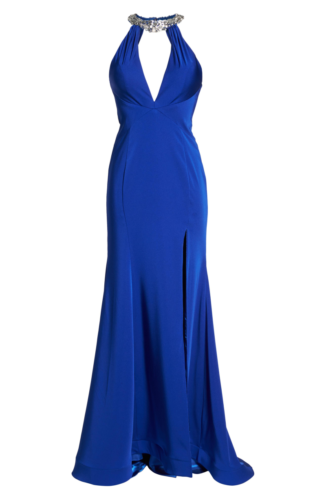 Mac Duggal Womens 8 6 Cobalt Blue High Neck Gown Embellished Jewel Mermaid Slit