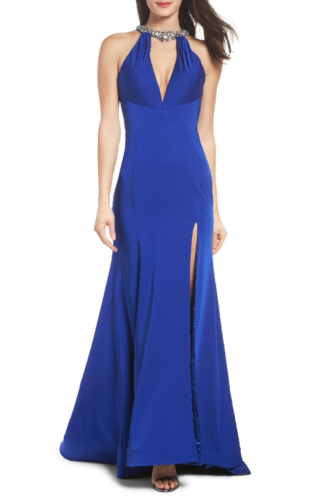 Mac Duggal Womens 8 6 Cobalt Blue High Neck Gown Embellished Jewel Mermaid Slit