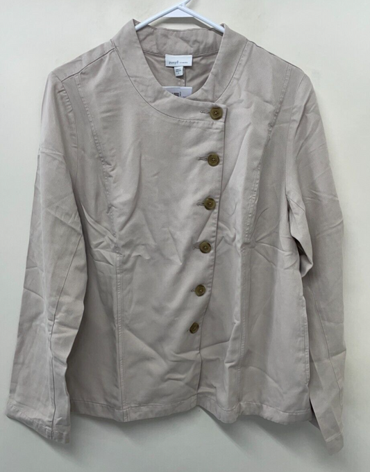 J Jill Womens L Draped-Front Jacket Beige Cotton Button Up Long Sleeve 273061