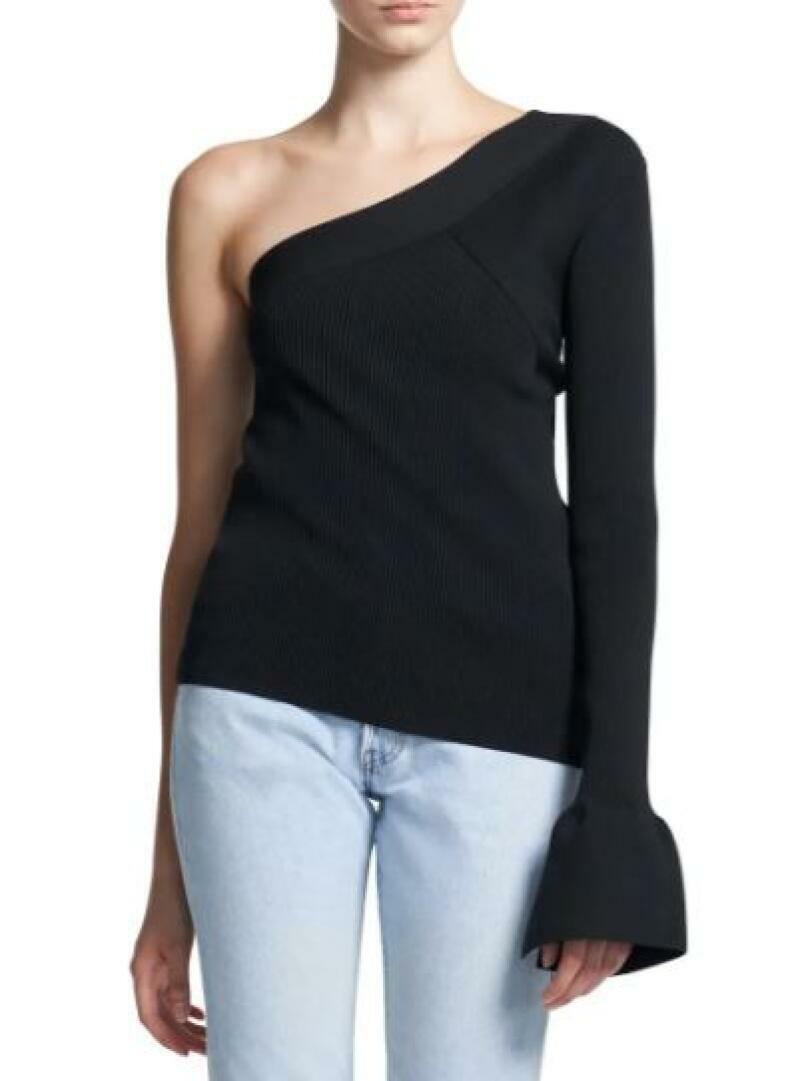 Theory Womens S Black Ribbed One-Shoulder Sweater Paneled Bell Sleeve Top