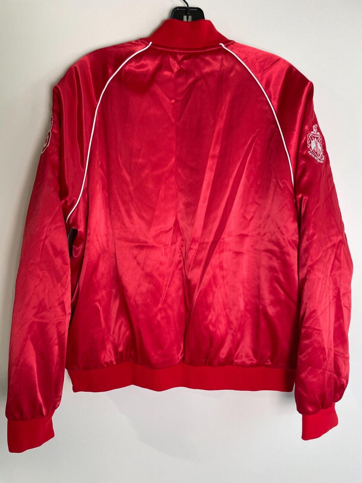 The Delta Box Womens L Snap Front Logo Satin Bomber Jacket Red Long Sleeve