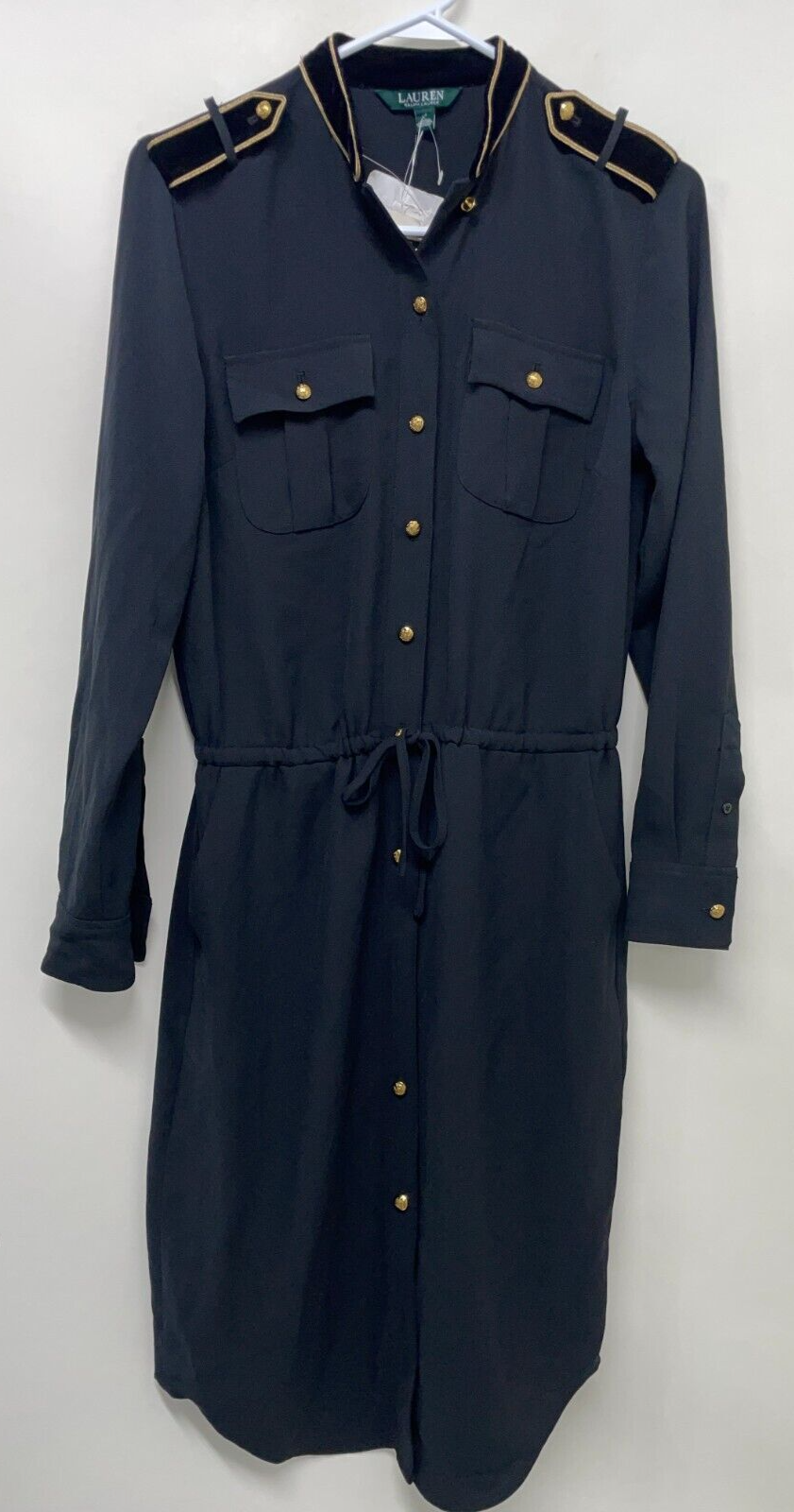 Lauren Ralph Lauren Women's 4 Georgette Shirtdress Black Military Dress Midi