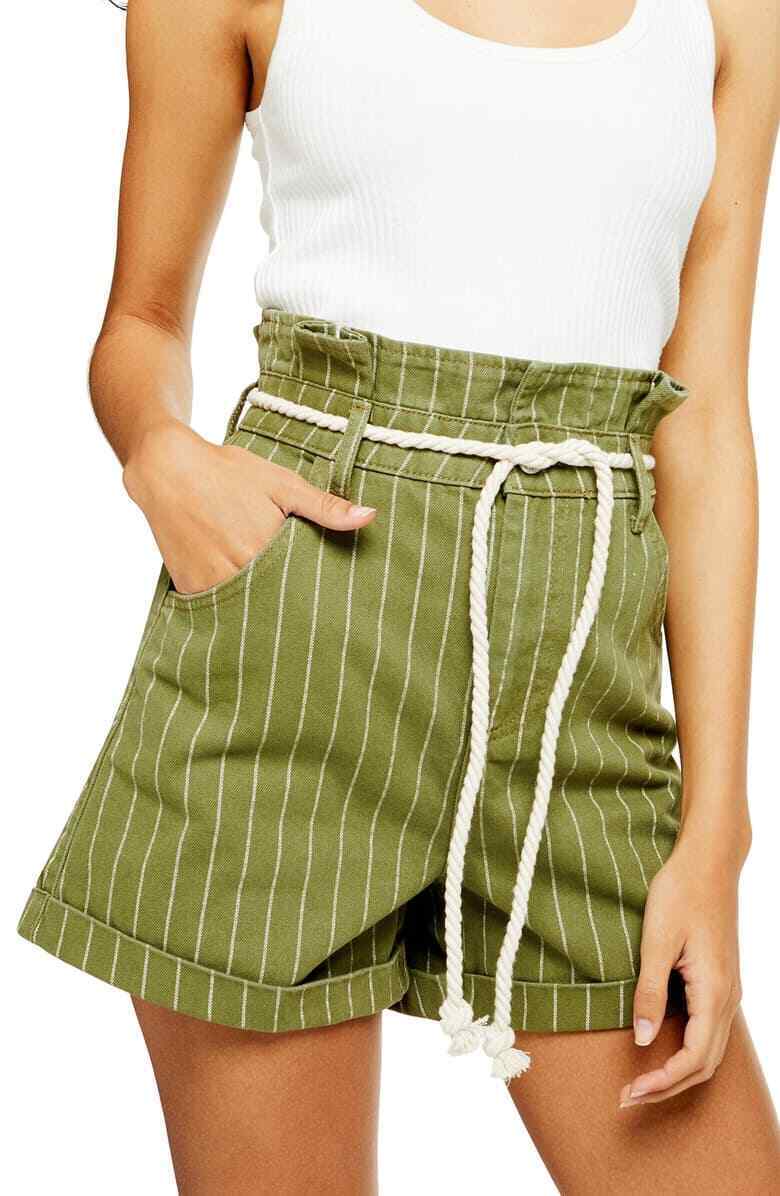 Topshop Womens 2 Green Striped Rope Belt High Waist Paperbag Denim Jean Shorts
