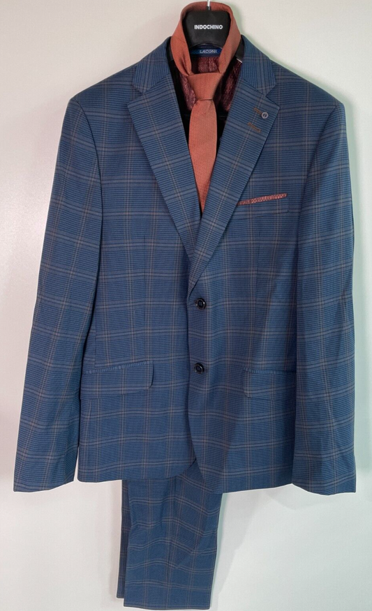 Laconi Mens Two-Button Suit Blazer Plaid Jacket Pants 2-Piece w/ Tie Set