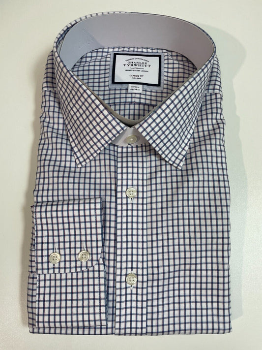 Charles Tyrwhitt Mens 18/37 Two Color Check Dress Shirt Indigo Blue Classic Fit