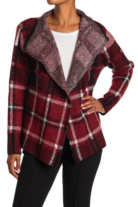 Joseph A Womens M Red Combo Plaid Open Front Cardigan Sweater Jacket