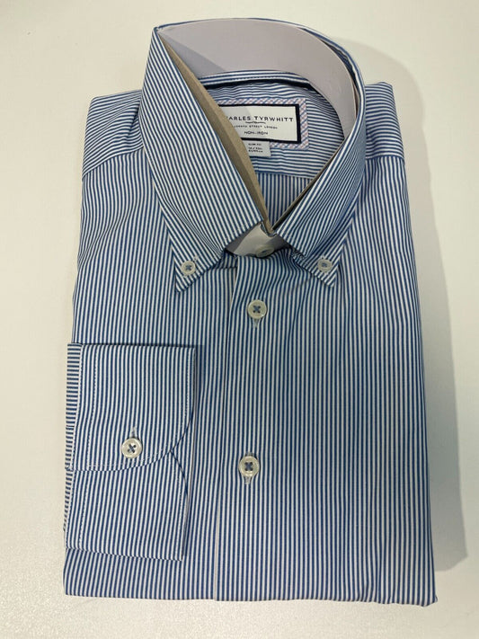 Charles Tyrwhitt Mens 16/35 Slim Fit Blue Stripe Dres Shirt Blue Button Down