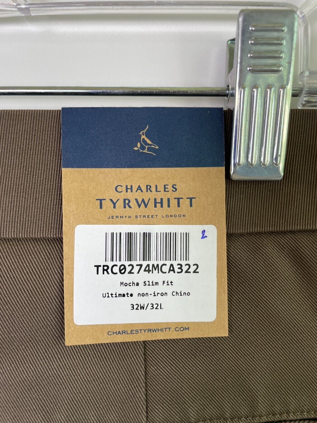 Charles Tyrwhitt Mens 32W/32L Ultimate Non-Iron Chinos Mocha Brown Pants Khaki