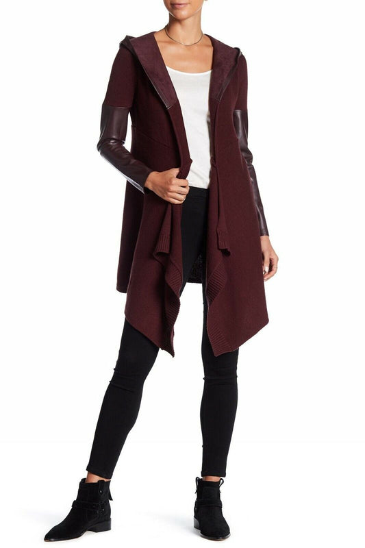 BlankNYC Womens Wine Burgundy Faux Leather Trim High/Low Cardigan Sweater