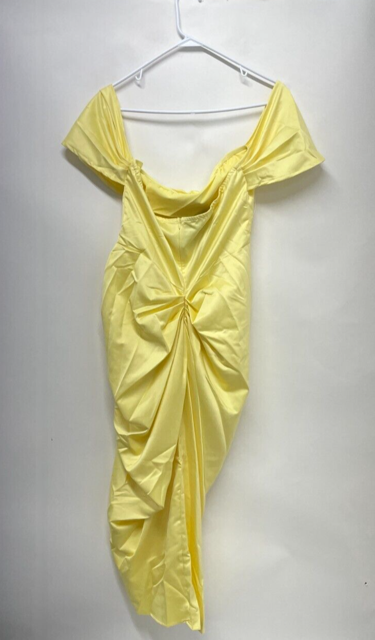 PrettyLittleThing Womens 10 Satin Draped Bardot Midi Dress Yellow Pleats CMS1855