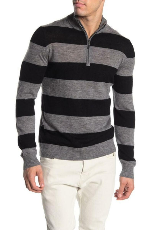 Quinn Mens XL Gray Black Rugby Striped 1/4 Zip Wool Sweater Pullover Color Block