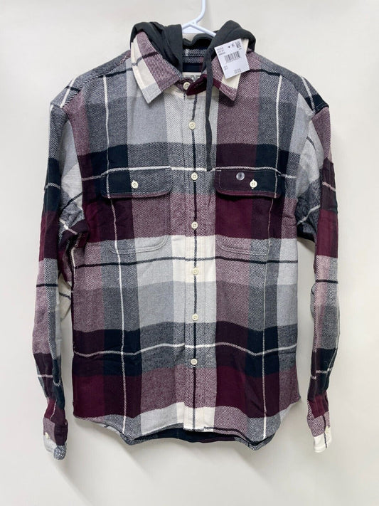 American Eagle Outfitters Mens S Hooded Flannel Button Up Shirt Maroon Plaid