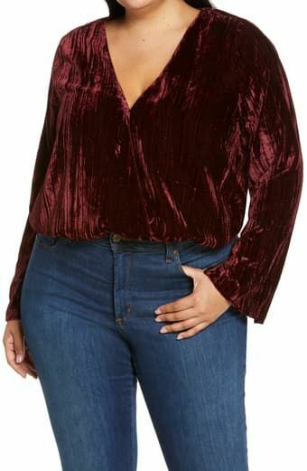 Good American Women 1 Port Burgundy Red Wrap Front Velvet Bodysuit Holiday Party