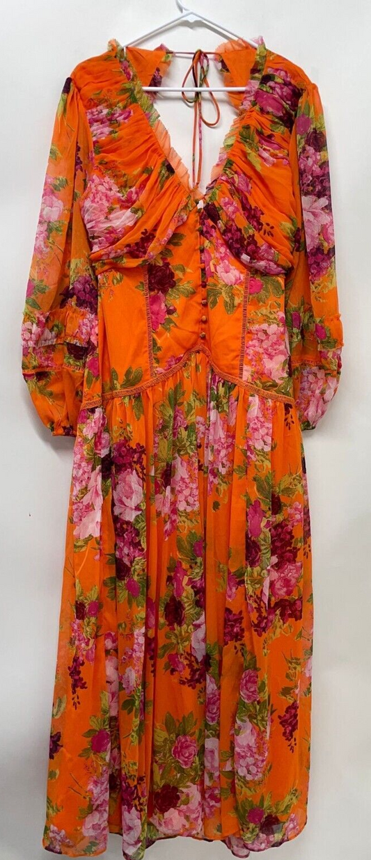 ASOS Design Women 12 Button Through Pintuck Maxi Dress Lace Insert Orange Floral