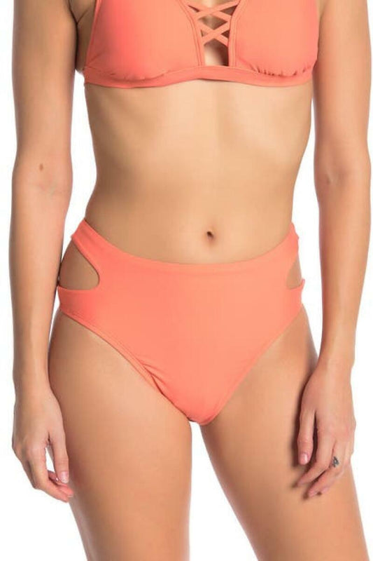 VYB Womens M Coral Peach Side Cutout Bikini Bottoms High Waist Swimwear