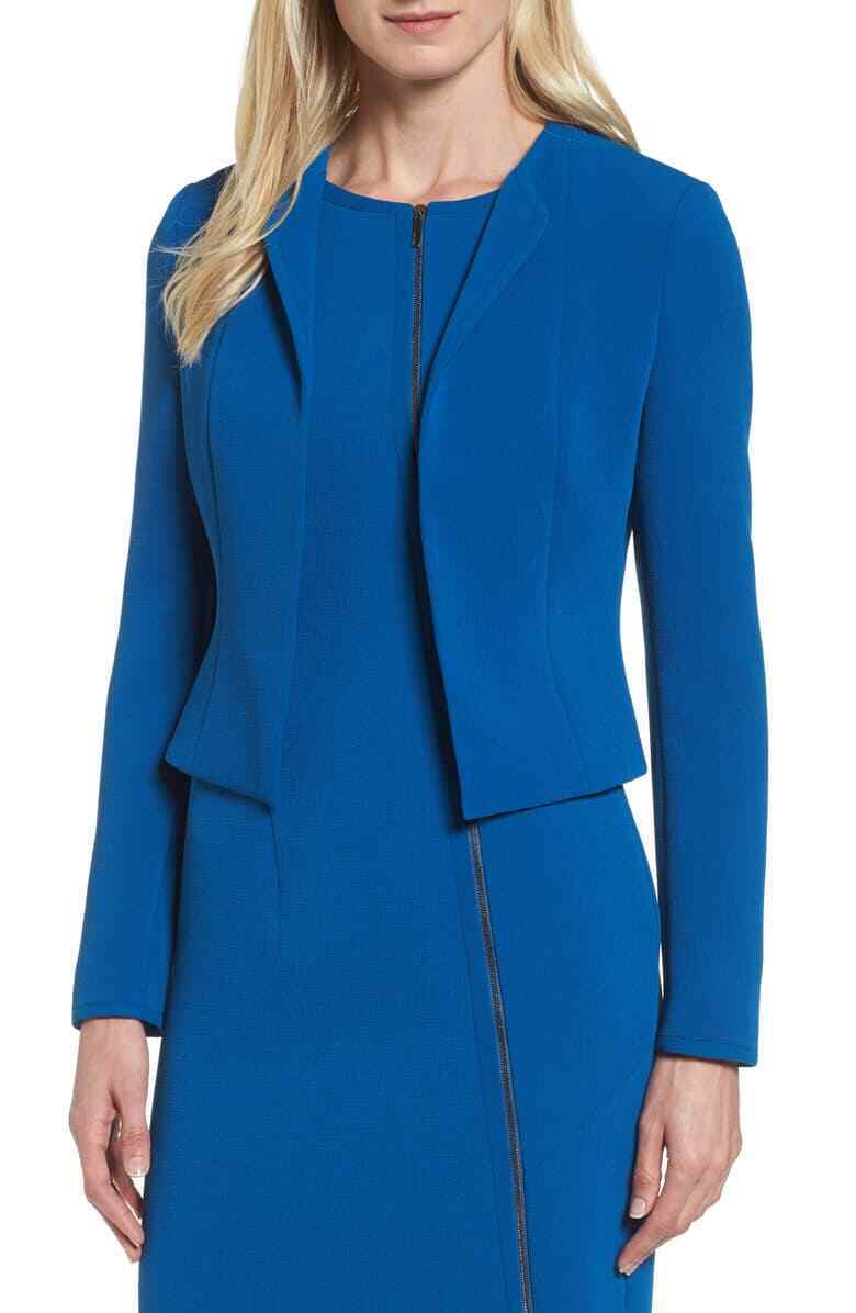 Hugo Boss Womens 4 Teal Blue Jerusa Crop Suit Jacket Open Blazer