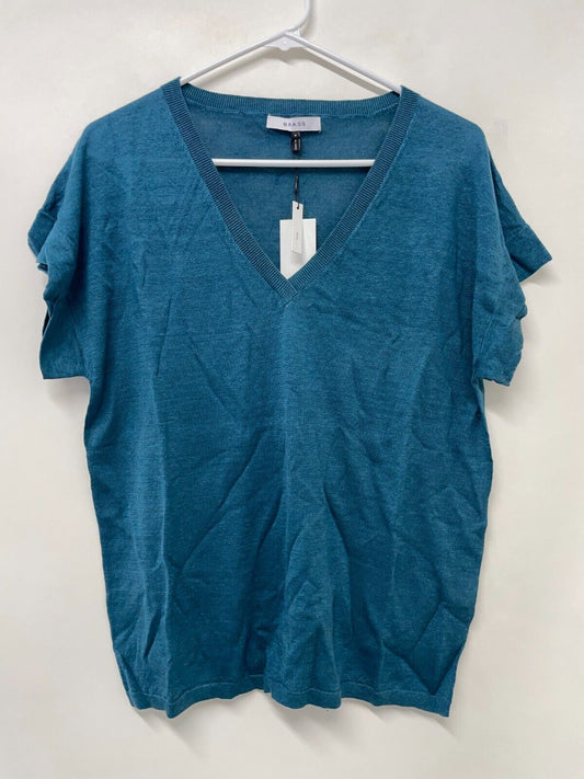 Brass Women's M The Drift Tee Tidal Blue Linen Tencel V-Neck T Shirt Top