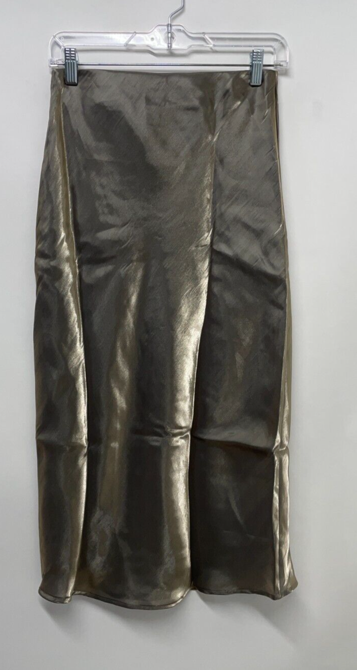 Anthropologie Women XS The Elyse Slip Skirt Khaki Green Metallic Midi Bias Satin