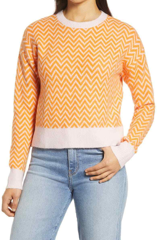 Halogen x Atlantic-Pacific Womens XS Orange Pink Boxy Zigzag Stripe Sweater Crop