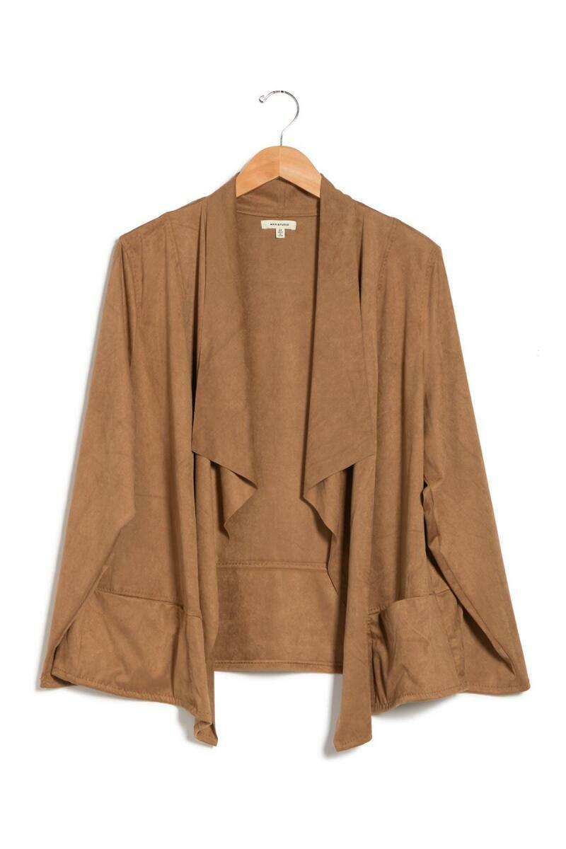 Max Studio Womens 2X Brown Open Front Faux Suede Jacket Drape Sweater Cardigan