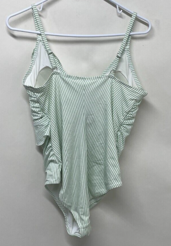 H&M Womens L Flounced Shaping Swimsuit White Green Striped V-Neck One Piece