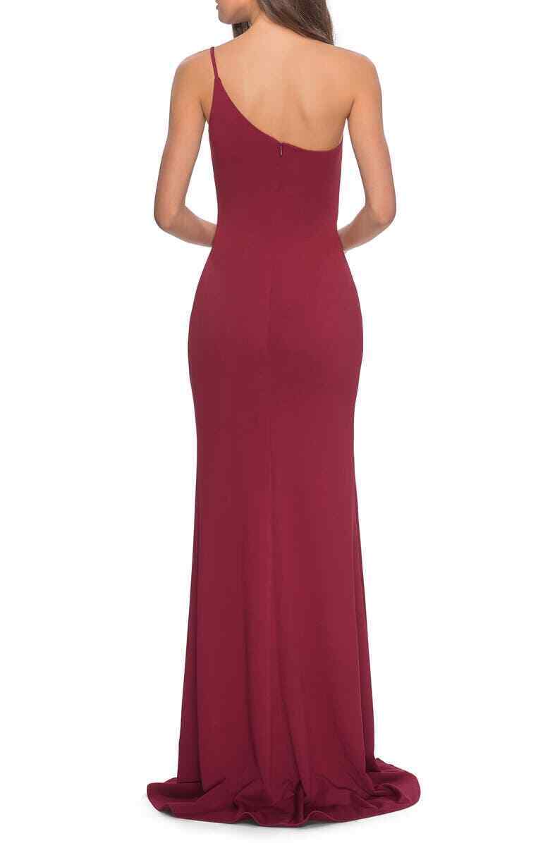 La Femme Womens 10 Burgundy One-Shoulder Jersey Gown High Slit Prom Dress