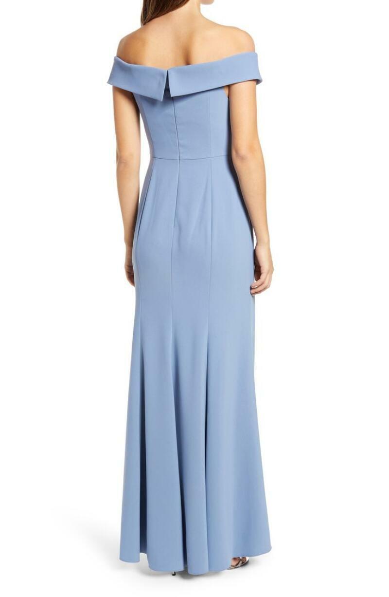 Dessy Collection Womens 18 Larkspur Blue Notched Off the Shoulder Crepe Gown
