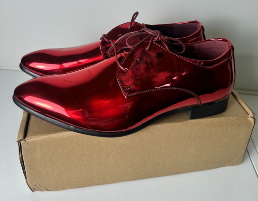 Santimon Men's EU 47 Patent Leather Shiny Pointed Toe Derby Prom Dress Shoes Red