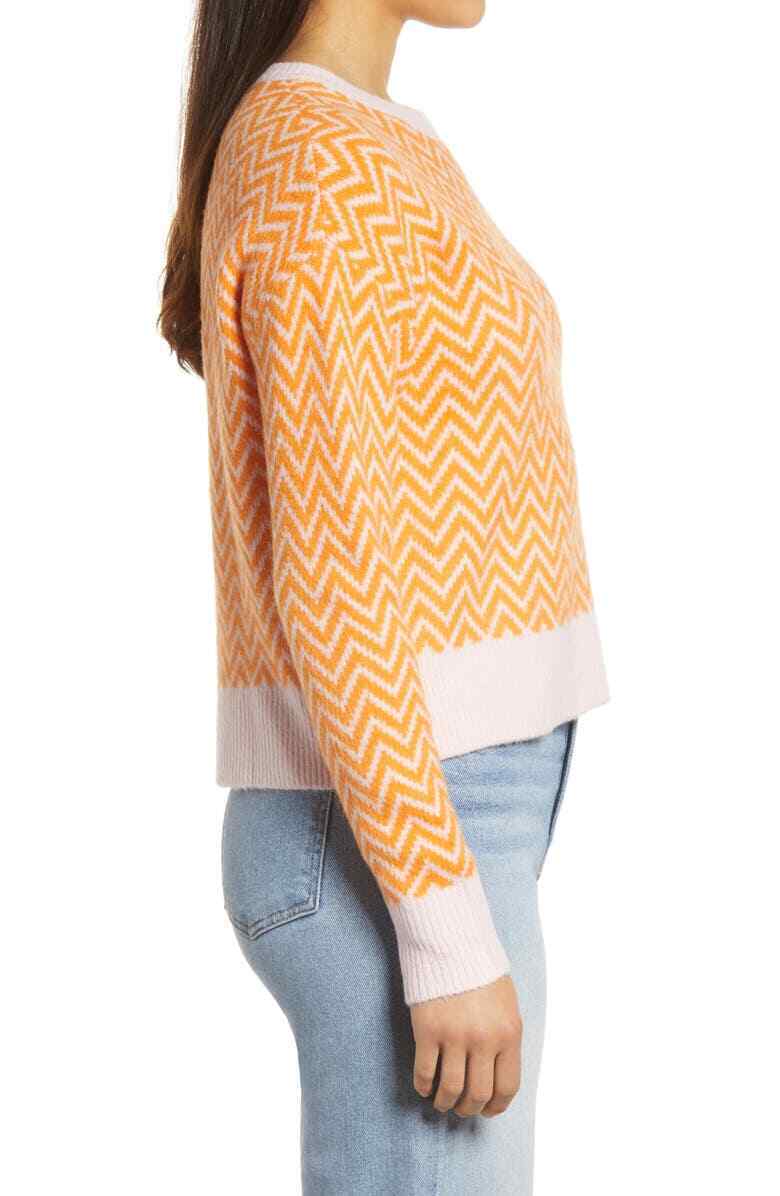 Halogen x Atlantic-Pacific Womens XS Orange Pink Boxy Zigzag Stripe Sweater Crop