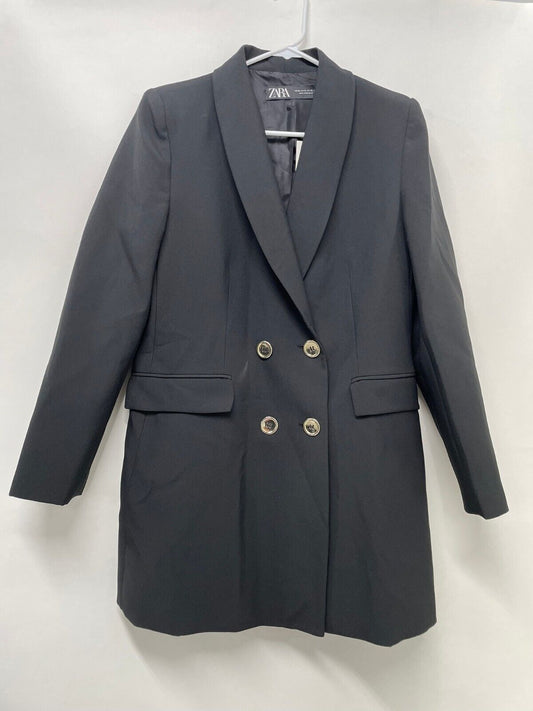 Zara Womens XL Double Breasted Long Blazer Trench Coat Black Jacket 8850/642/800