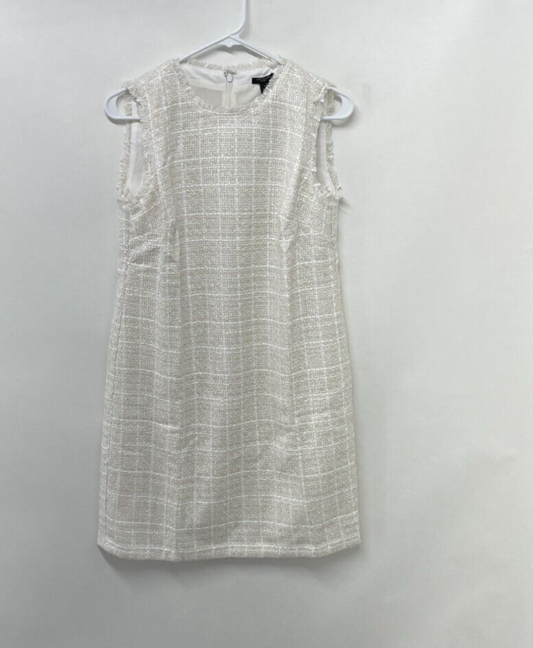 Ann Taylor Women's 4P Fringe Tweed Shift Dress Winter White Petite 588315 NEW