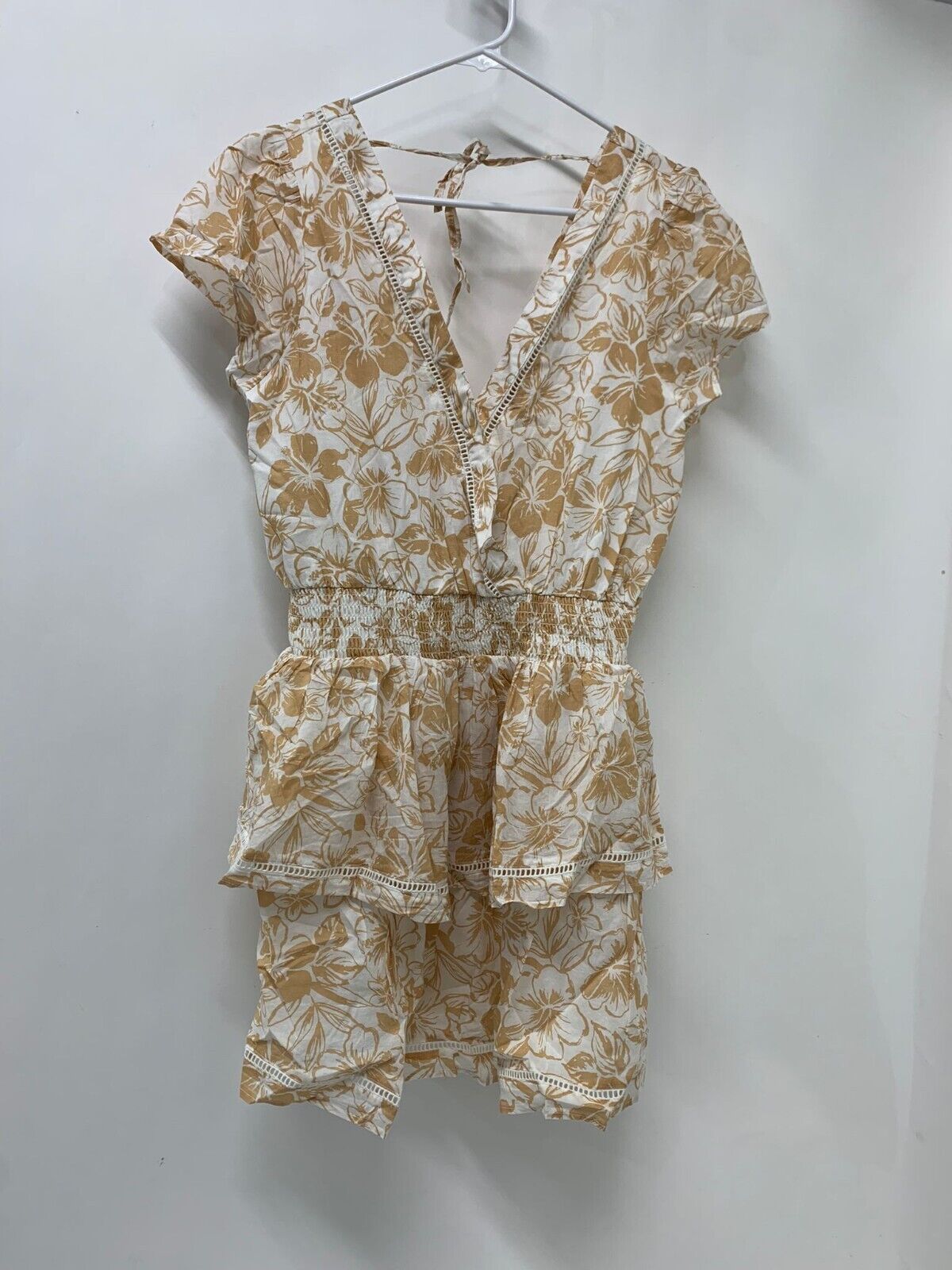 American Eagle Womens M Ivory V Neck Tie Back Tiered Mini Dress Floral Tan Smock