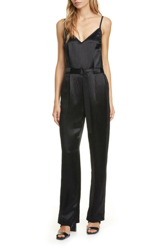 rag & bone Womens 8 Black Rochelle Satin Jumpsuit Sleeveless Belted