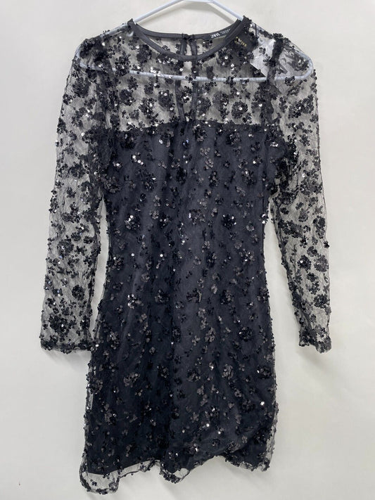 Zara Womens M Short Sequin Cocktail Dress Black Sheer Long Sleeve 0387/191/800