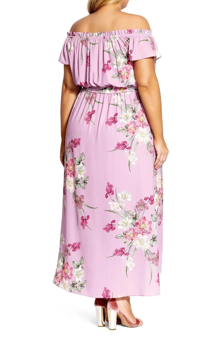 City Chic Womens S/16 Pink Lady Floral Off Shoulder Maxi Dress Belted