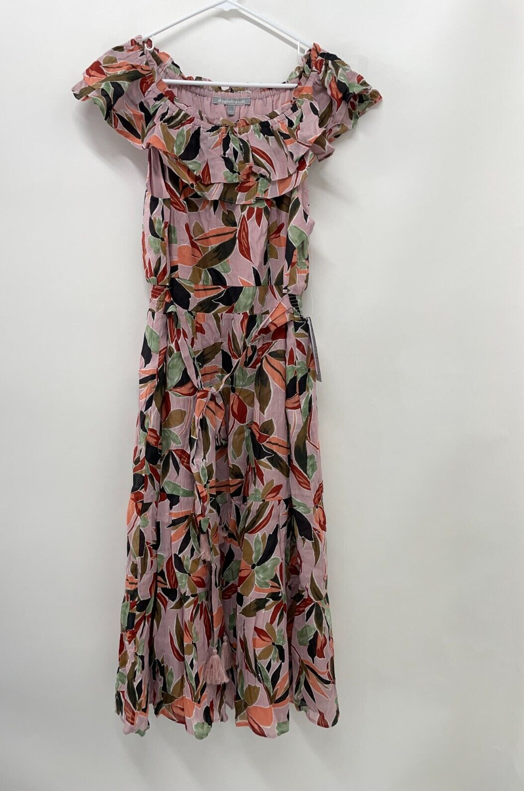Daniel Rainn Women's L Leaf Print Shoulder Ruffle Tiered Dress Pale Pink Eliza
