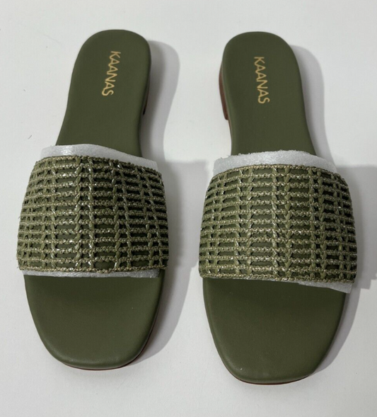 KAANAS Women's 8M Sardinal Metallic Fishnet Slide Sandal Olive Green S00115R