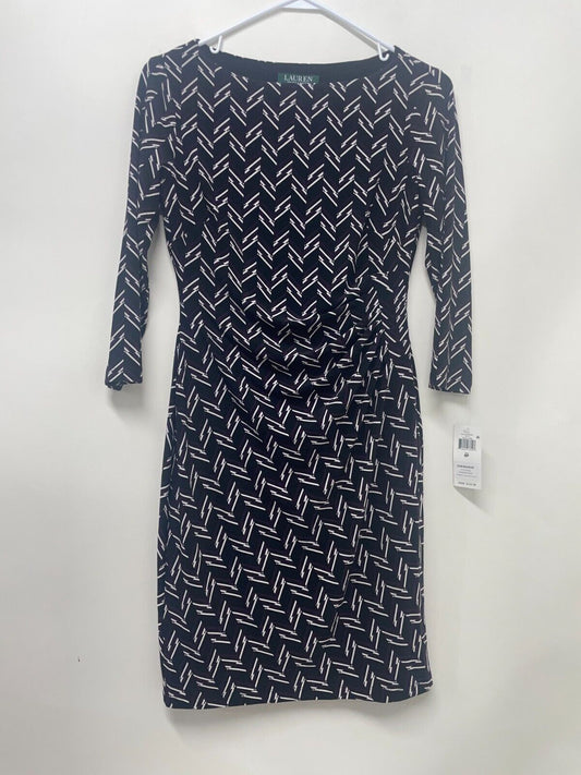 Lauren Ralph Lauren Womens 6P Jersey Printed Dress Black Cream Ruched Boat Neck